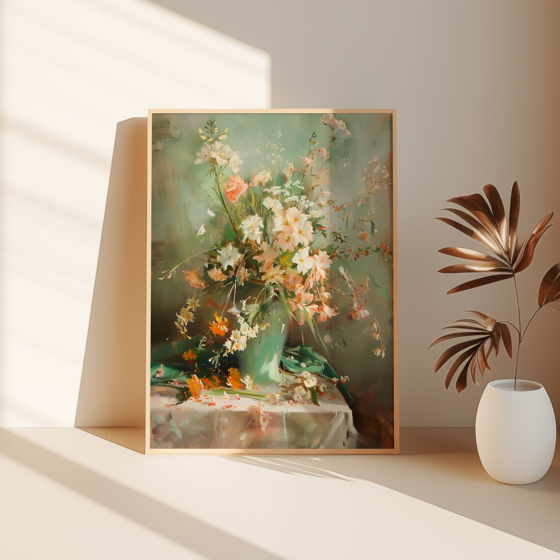 Pastel Wildflower Bouquet Green Vase Vintage Still Life Poster - Image 2