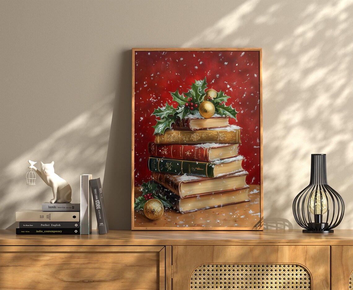 Red Background Christmas Books Gold Ornaments Snowy Still Life Poster - Image 2
