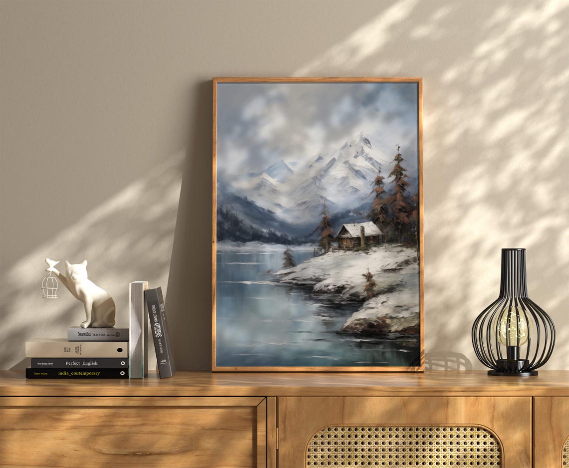 Snowy Mountain Cabin Beside Still Winter Lake Vintage Poster - Image 2