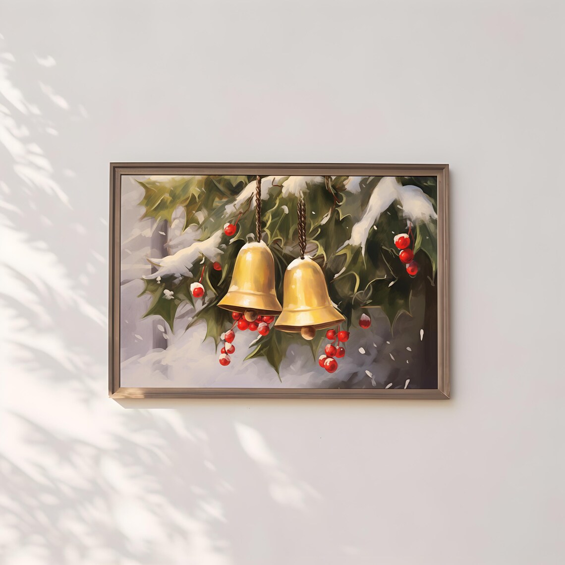 Golden Jingle Bells And Red Berries On Snowy Pine Branch Poster - Image 2