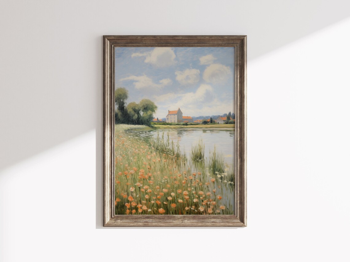 Riverside Village With Poppy Field Impressionist Countryside Wall Art - Image 3