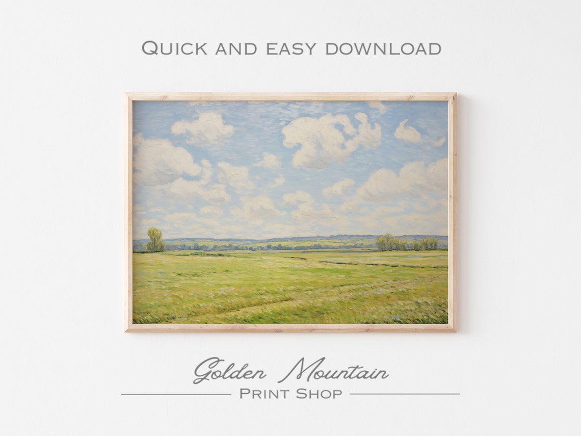 Green Meadow Under Bright Blue Cloudy Sky Impressionist Art Poster - Image 3