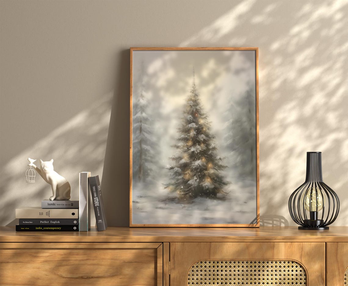 Soft White Christmas Tree Warm Lights Serene Misty Snowfall Poster - Image 3