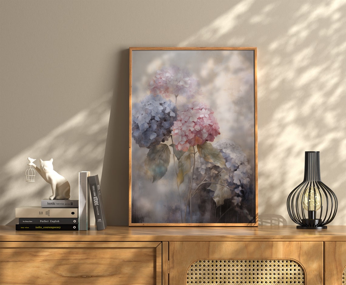 Hydrangea Blooms Pink Blue Soft Watercolor Floral Decor Wall Art - Image 2