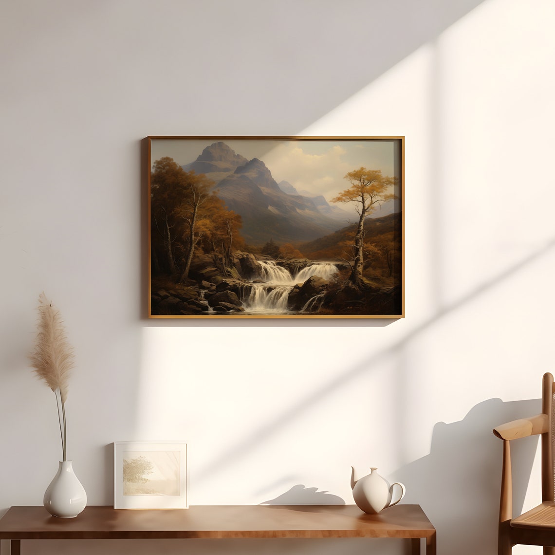 Mountain Waterfall Autumn Valley Golden Birch Vintage Fall Poster - Image 2