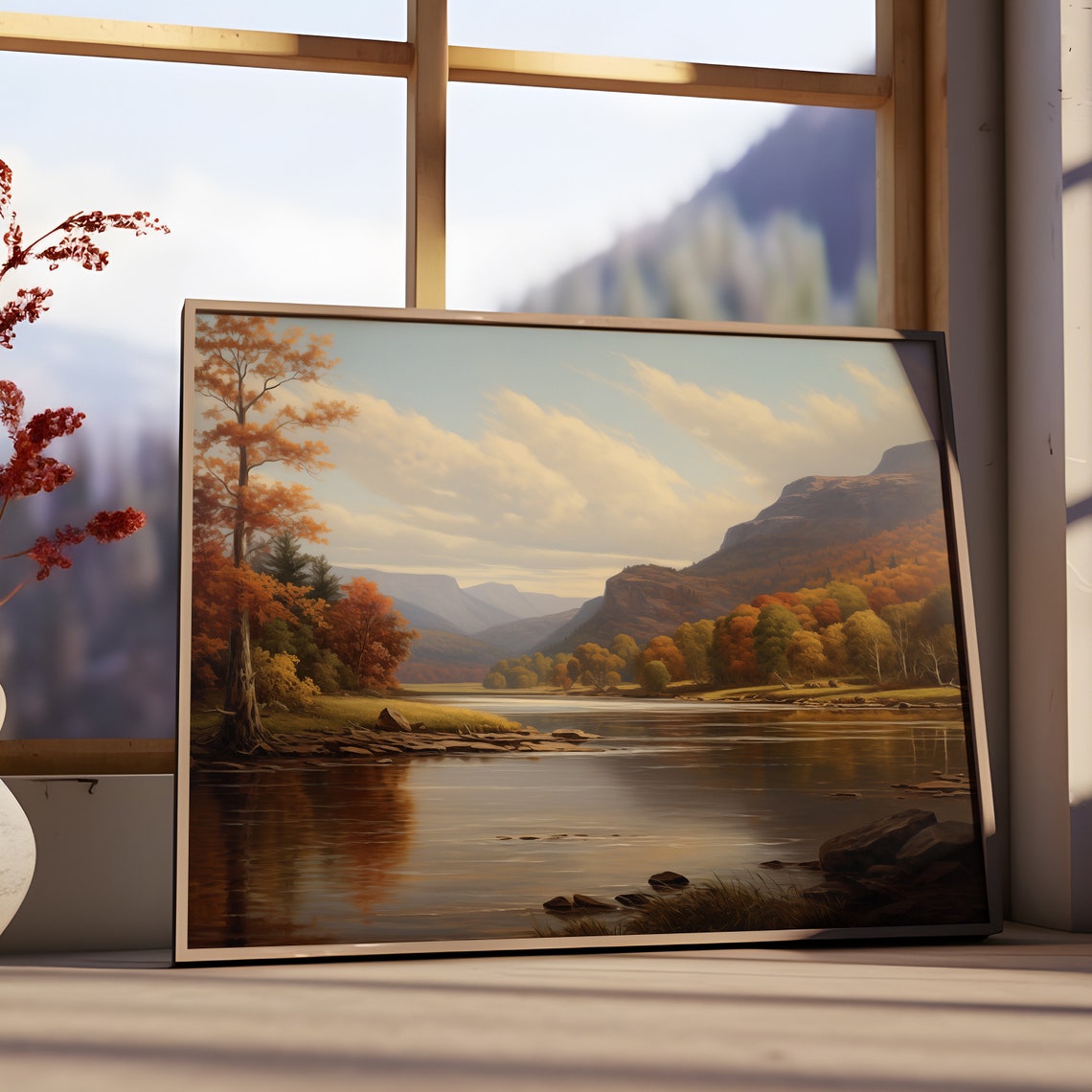 Autumn River Valley Fall Foliage Cliffs Scenic Landscape Wall Art - Image 2
