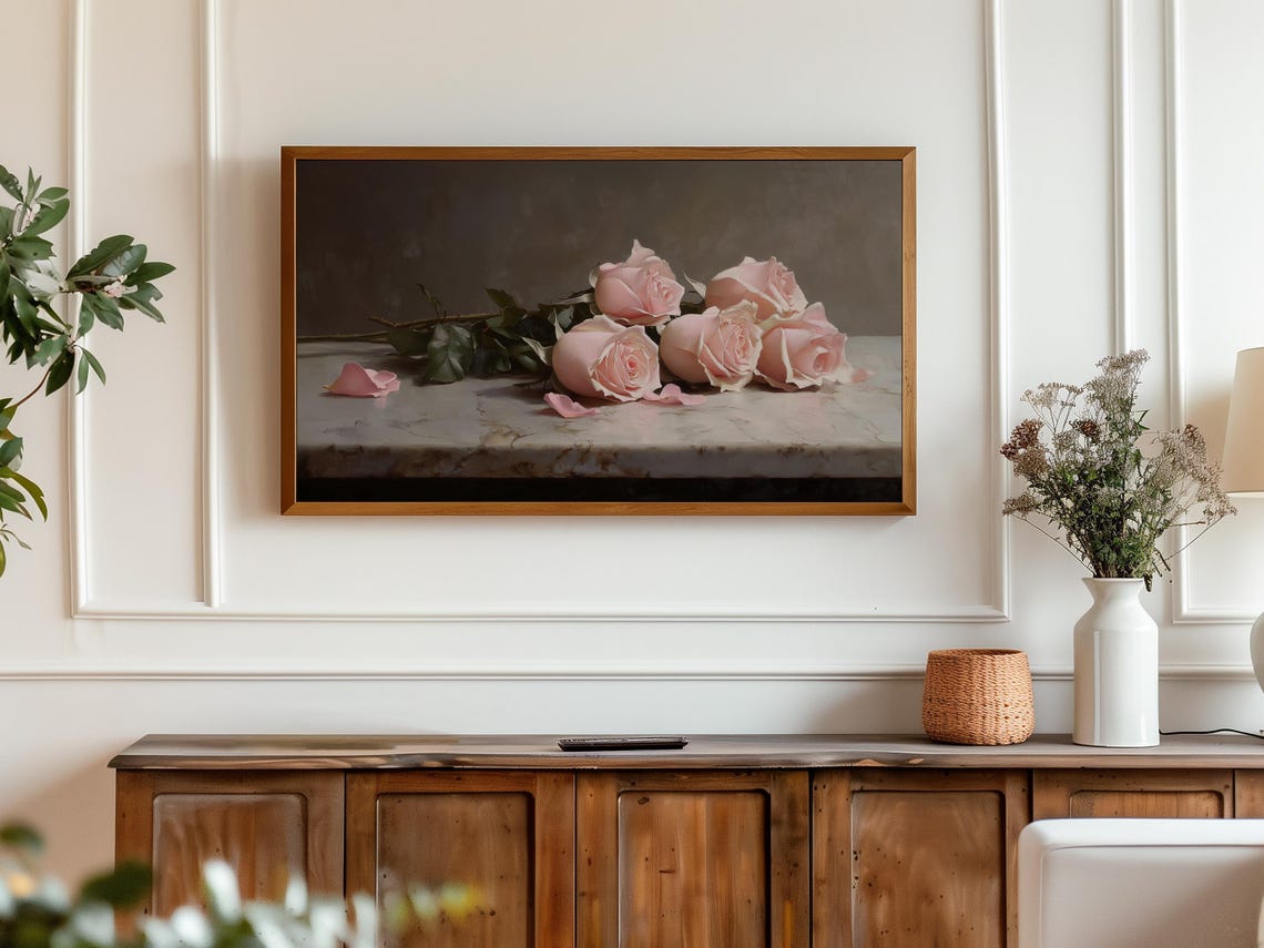 Pink Rosebuds Marble Ledge Dark Elegant Floral Still Life Poster - Image 3