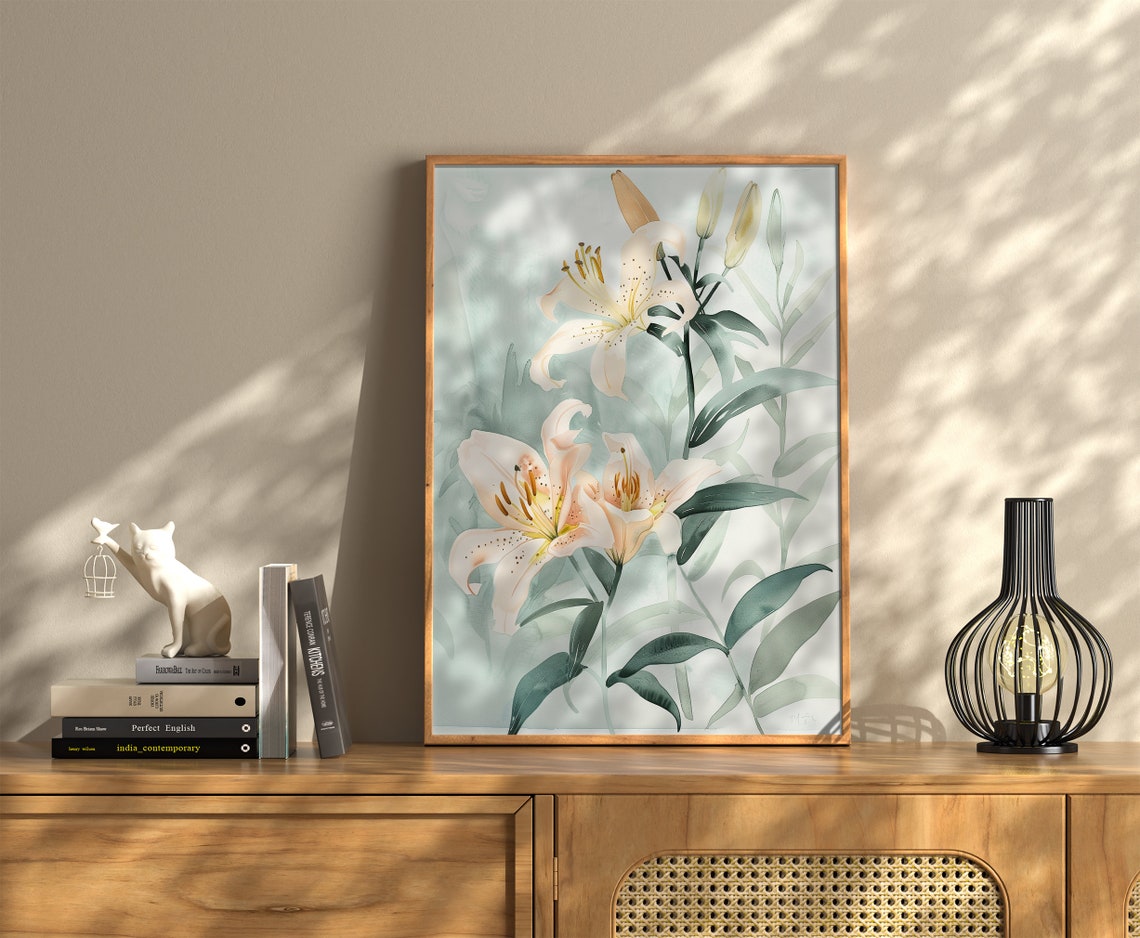 White Lily Watercolor Spring Flower Neutral Botanical Wall Art - Image 3