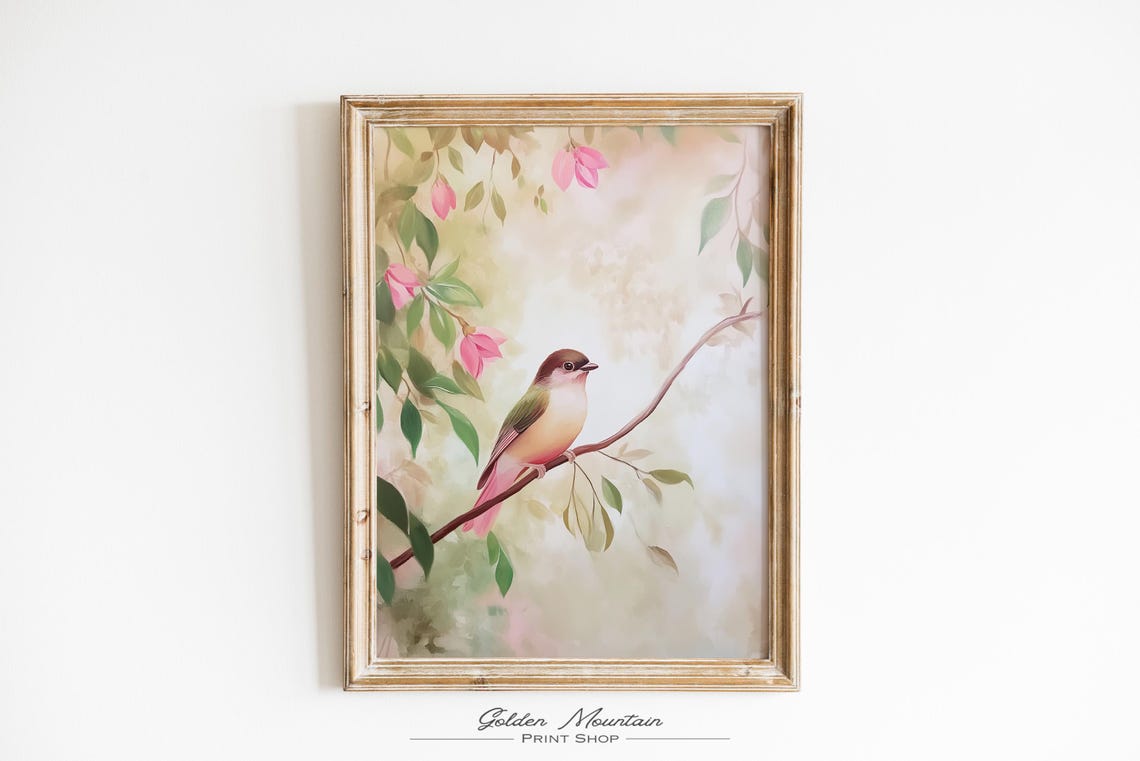 Colorful Songbird with Green Wings Pink Tail Floral Spring Art Poster - Image 2