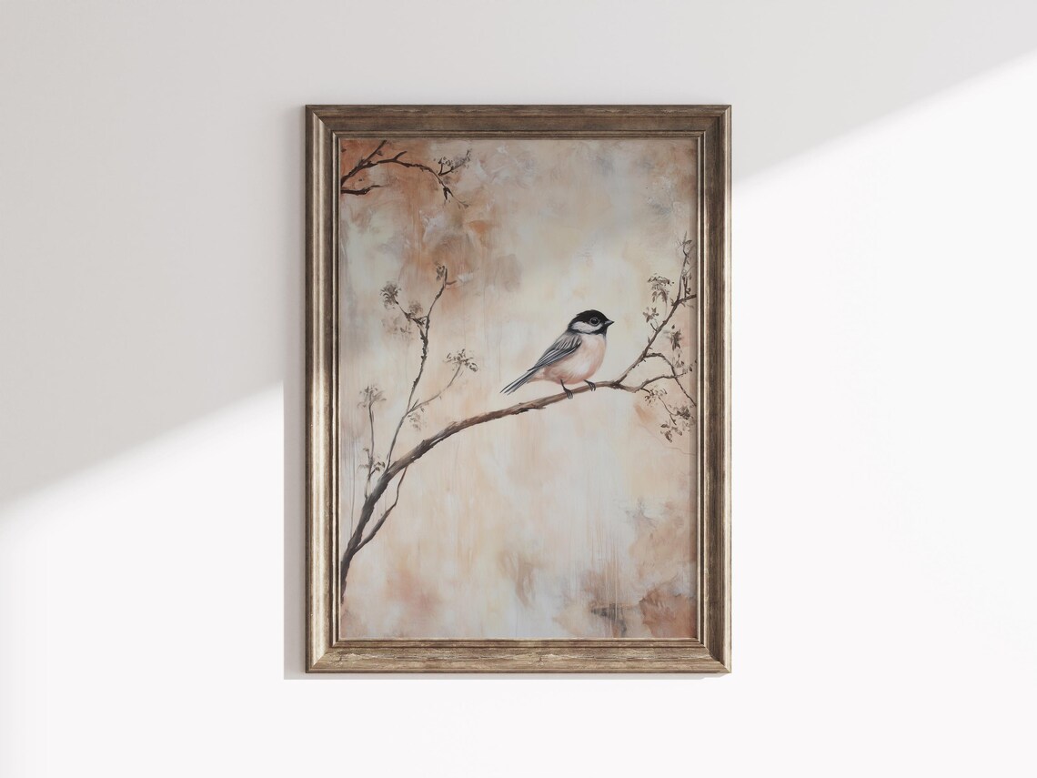 Black Capped Chickadee Bird Perched On Bare Branch Neutral Beige Poster - Image 2