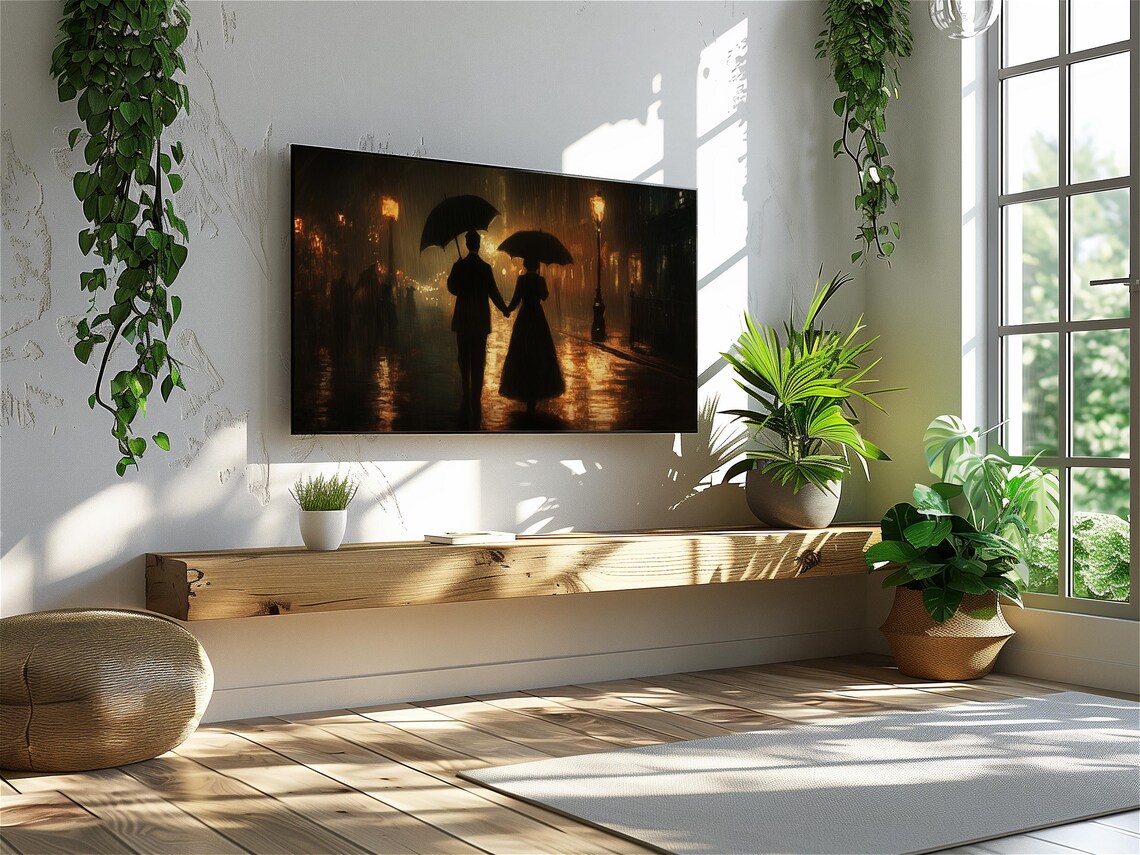 Romantic Couple with Umbrellas on Rainy Street Night Scene Poster - Image 3