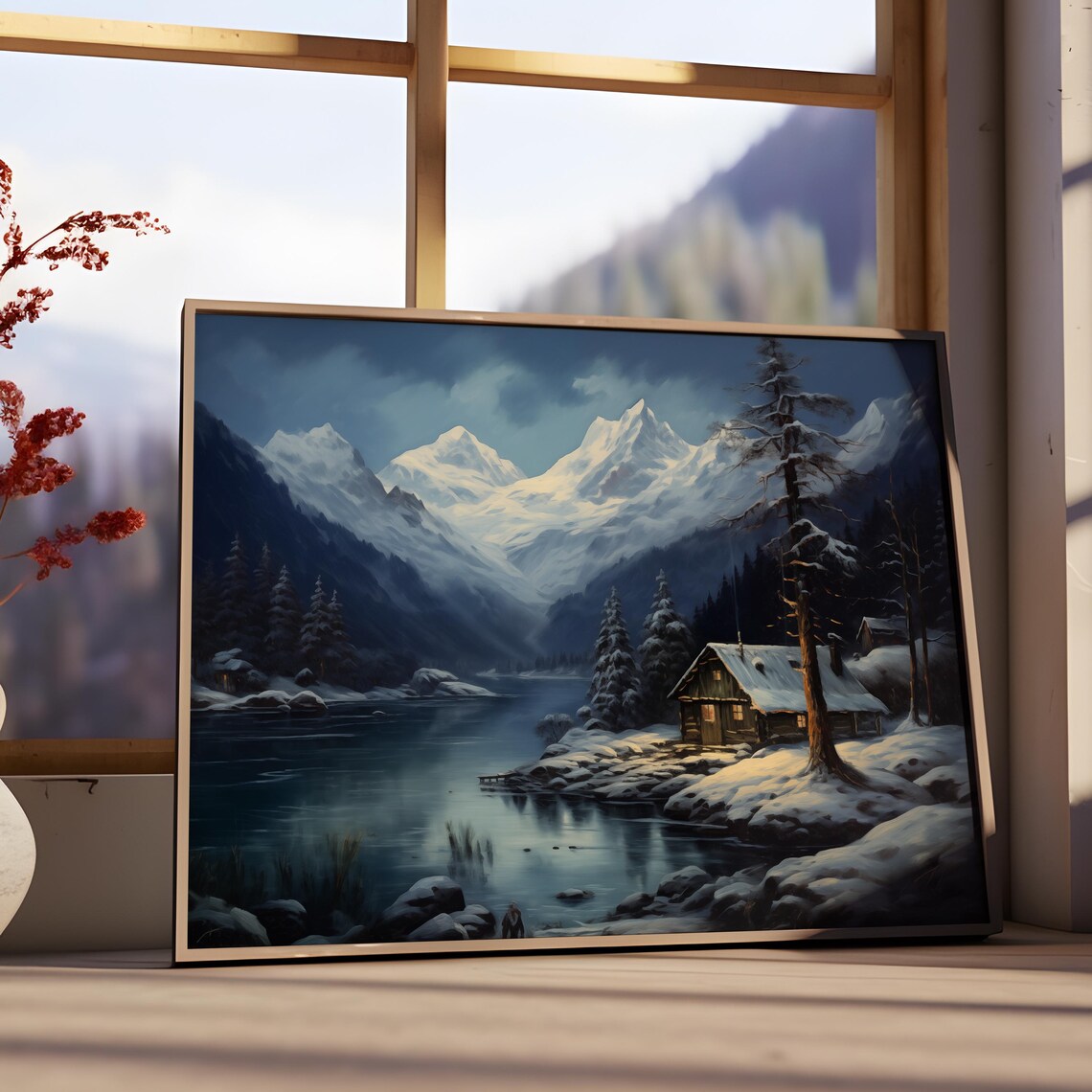 Vintage Winter Night Holiday Landscape Painting Christmas Forest Wall Art Christmas Decor Wall Art Moody Wall Art Mountain Wall Art Seasonal - Image 3