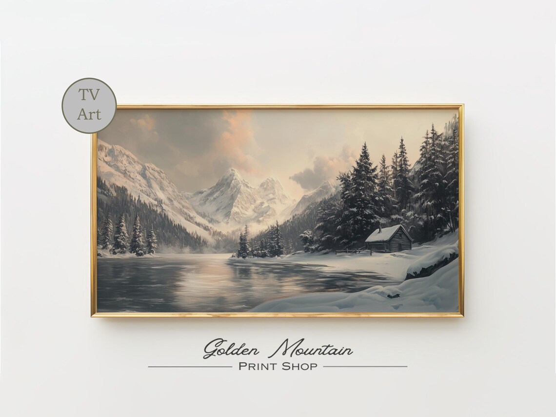 Snowy Mountain Lake Cabin At Dusk Winter Landscape Oil Painting Poster