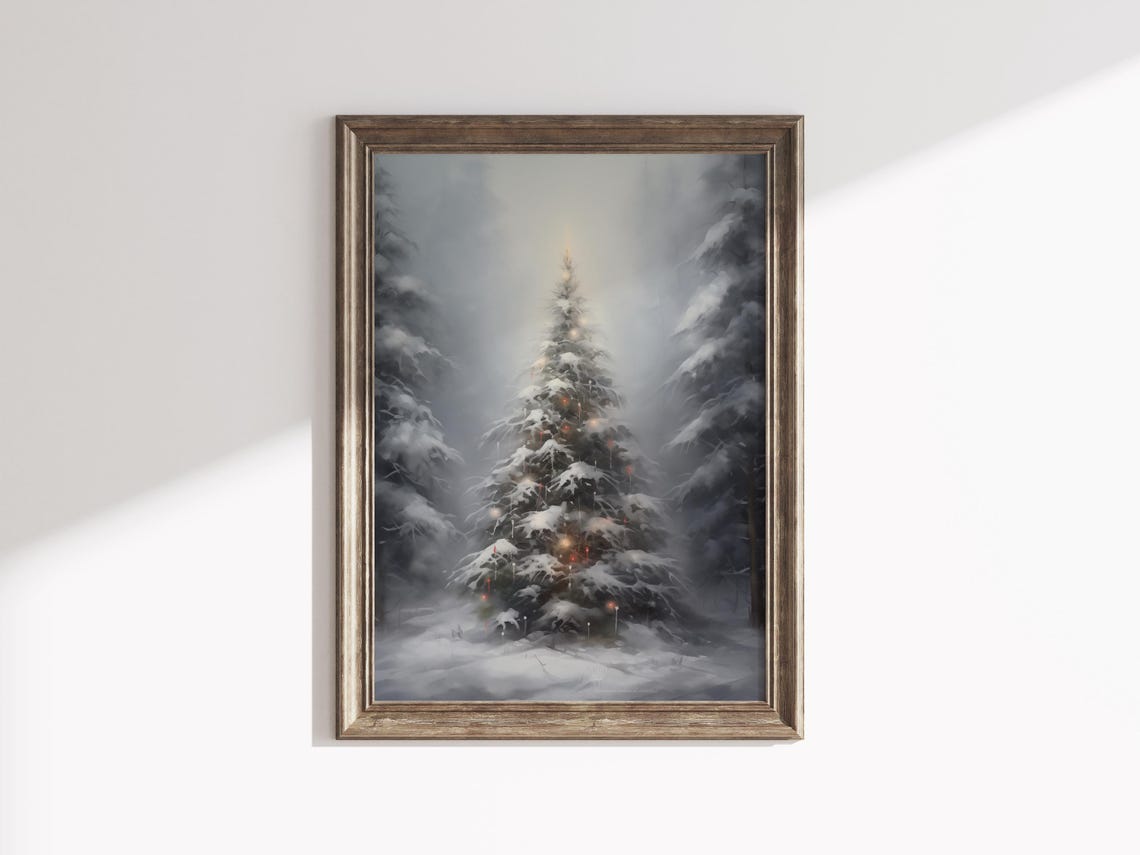 Tall Snowy Christmas Tree Warm Glow Dark Winter Forest Poster - Image 3