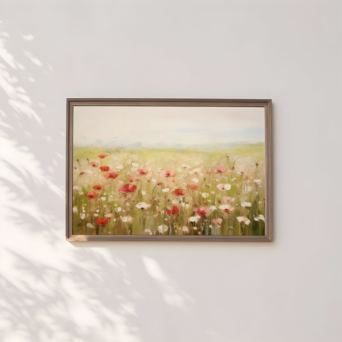 Soft Pink and Red Wildflowers in Sunlit Meadow Impressionist Poster - Image 3