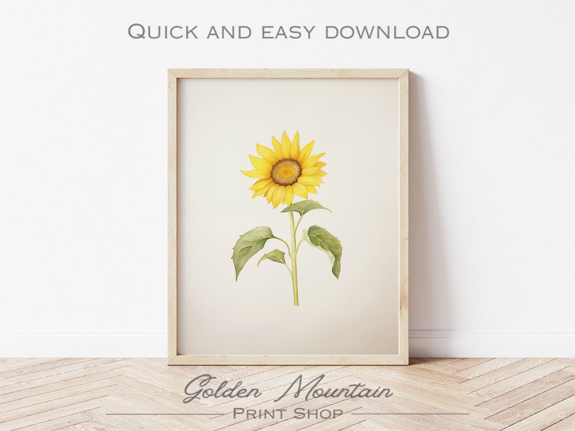 Yellow Sunflower Botanical Watercolor Minimalist Spring Wall Art - Image 2