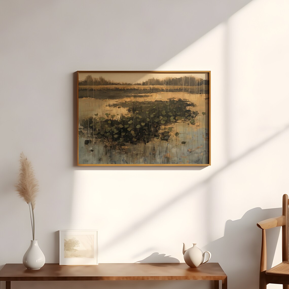 Moody Rain Pond with Lily Pads Golden Dusk Reflections Landscape Poster - Image 3