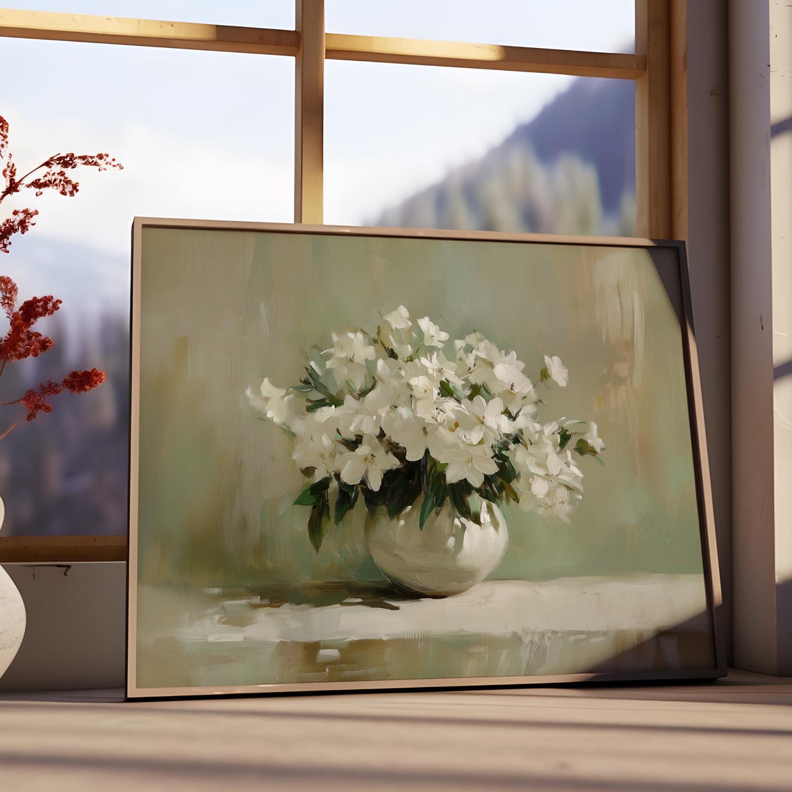 White Blossoms in White Vase Sage Green Floral Still Life Print - Image 3