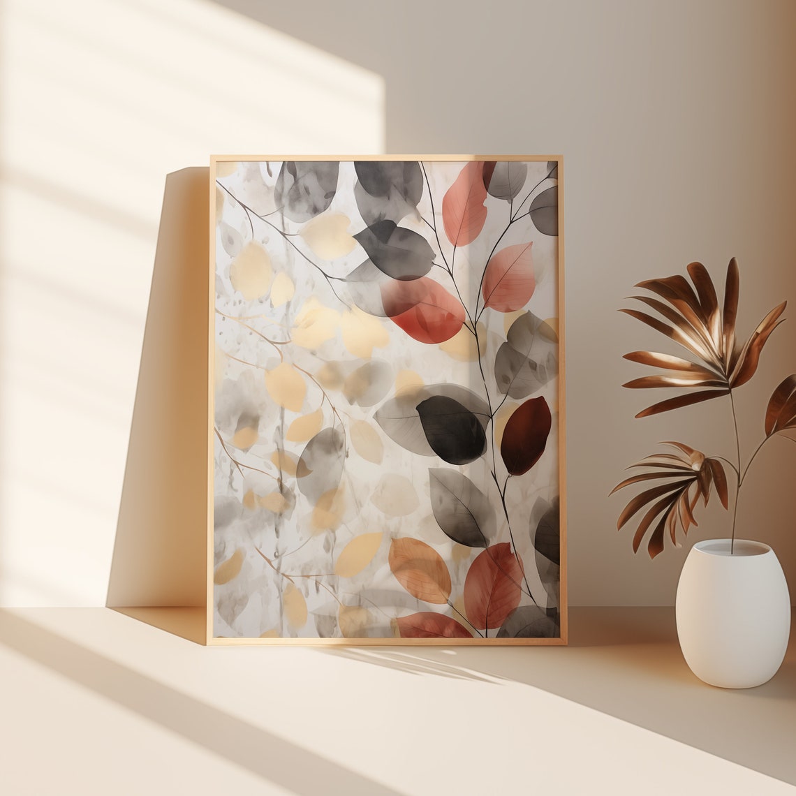 Abstract Watercolor Branches Gray Gold Rust Leaves Botanical Poster - Image 2