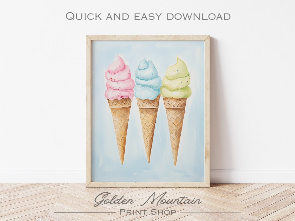 Pastel Ice Cream Cones Trio Cute Summer Dessert Art Print for Kids - Image 3