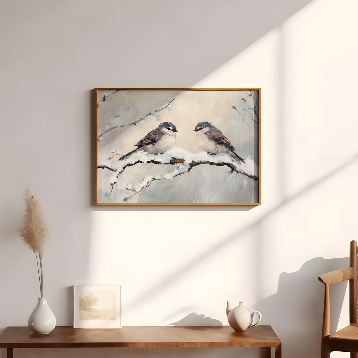 Two Small Winter Birds on Snowy Branch Oil Painting Style Poster - Image 2