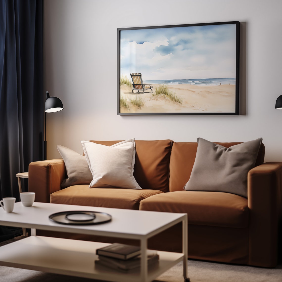 Watercolor Beach Scene Lone Deck Chair Dunes Coastal Wall Art - Image 2