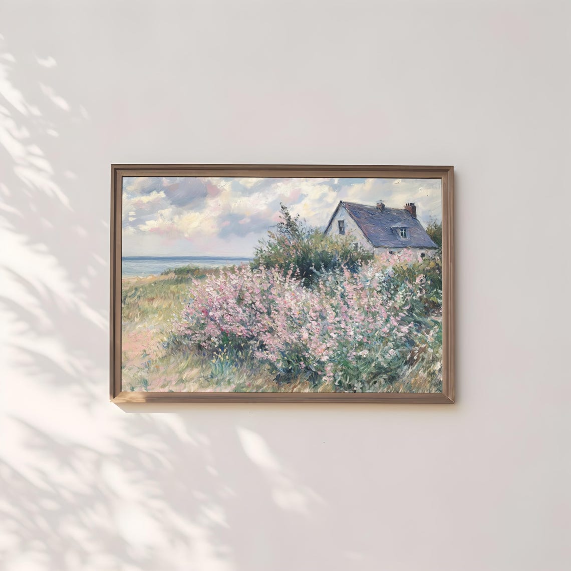 Seaside Cottage Pink Blossom Bush Ocean View Vintage Oil Poster - Image 2