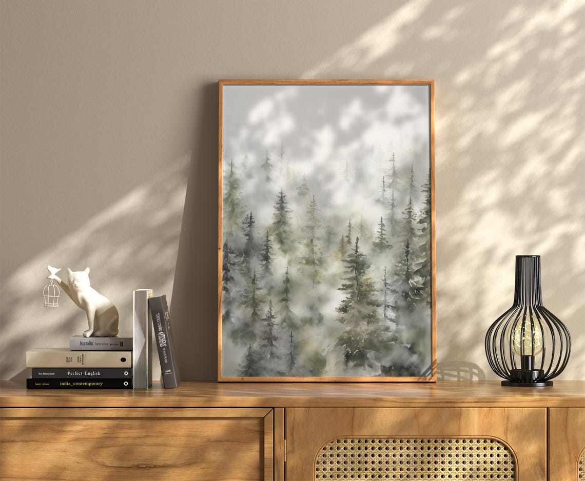 Foggy Pine Forest Hillside Soft Watercolor Winter Nature Poster - Image 2
