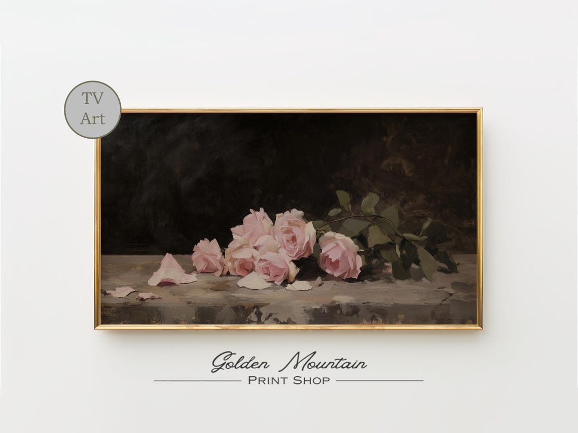 Pink Roses Stone Ledge Dark Moody Floral Still Life Painting Poster - Image 3