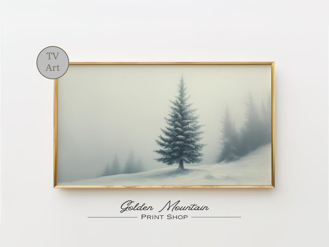 Lone Snowy Pine Tree Foggy Winter Minimalist Landscape TV Wall Art