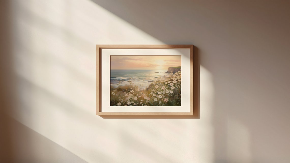 Farmhouse Summer Sunset Wall Art Cottagecore Sea Sunrise Flower Print Vintage Floral Beach Print Wildflower Field Painting - Image 3