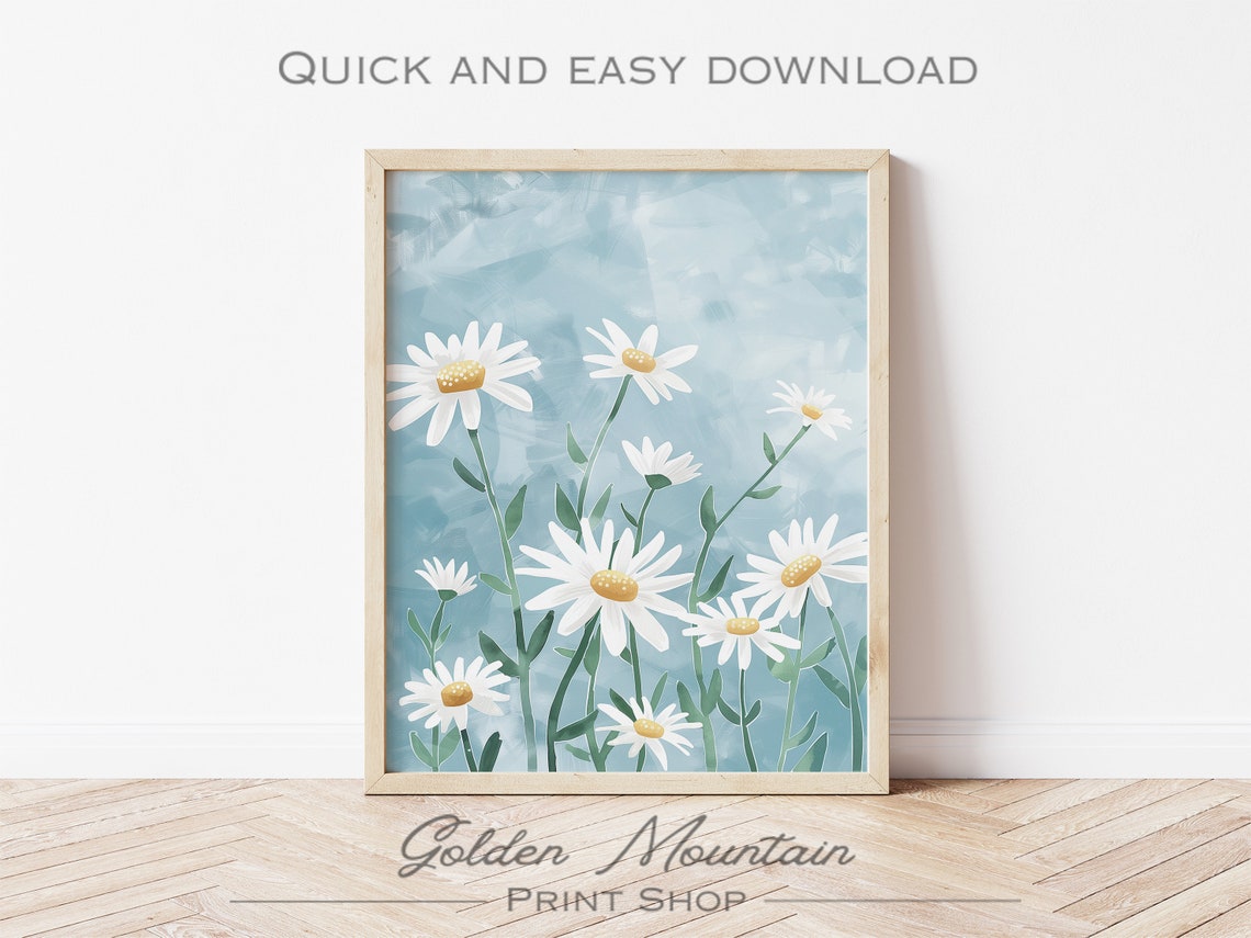 Cheerful White Daisies on Blue Background Modern Floral Art Poster - Image 2
