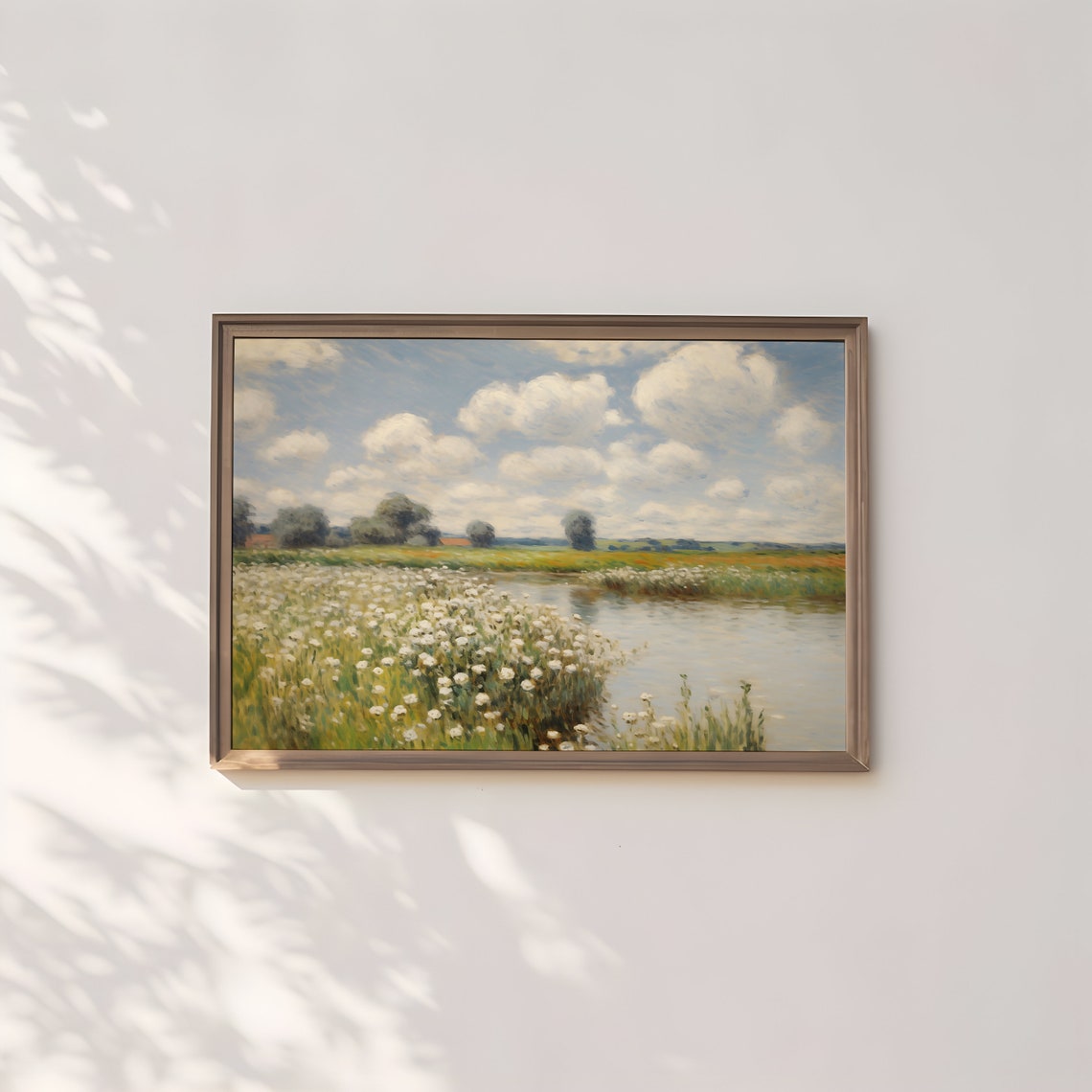 White Wildflower Field By River Under Big Summer Clouds Poster - Image 2