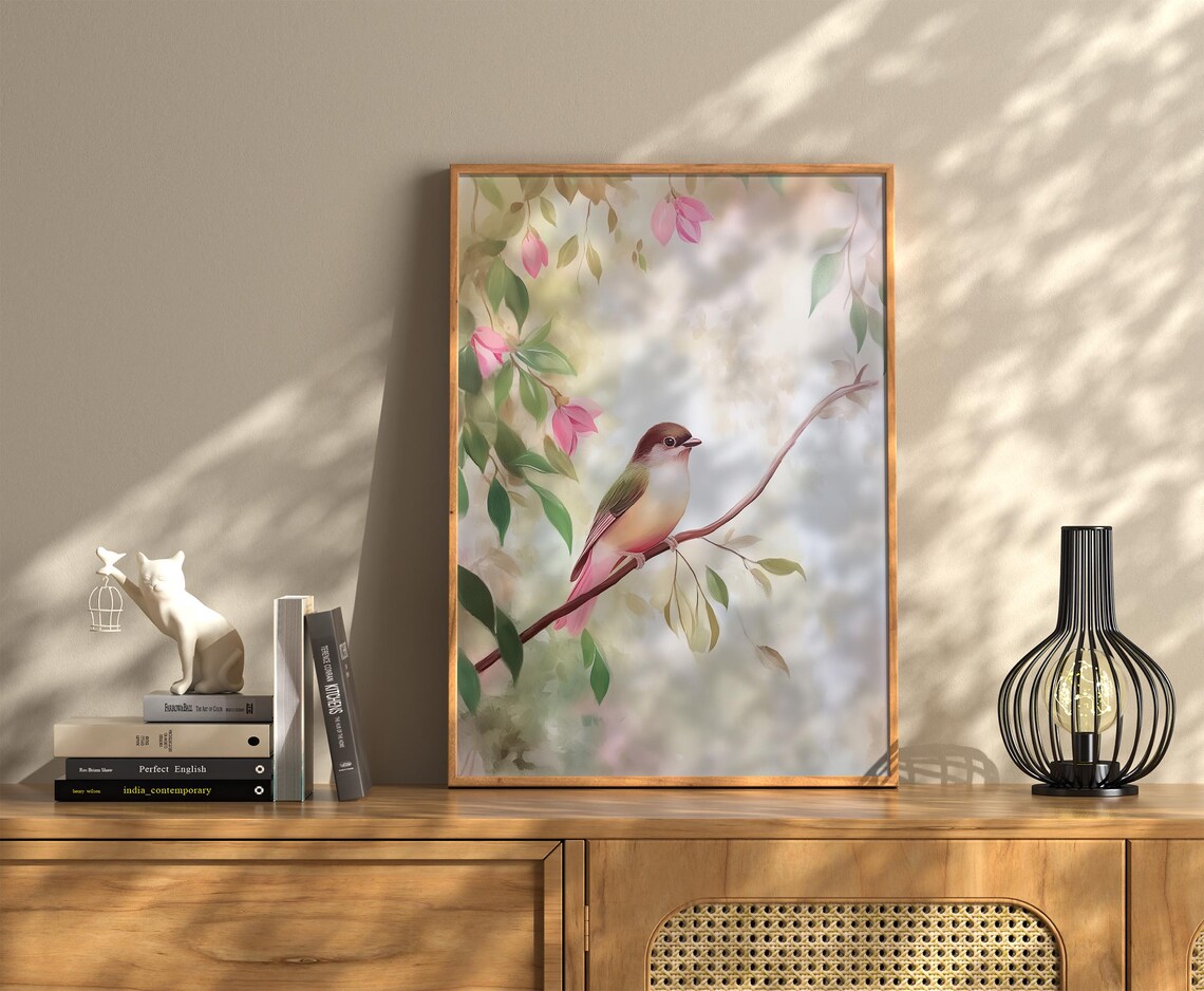 Colorful Songbird with Green Wings Pink Tail Floral Spring Art Poster - Image 3