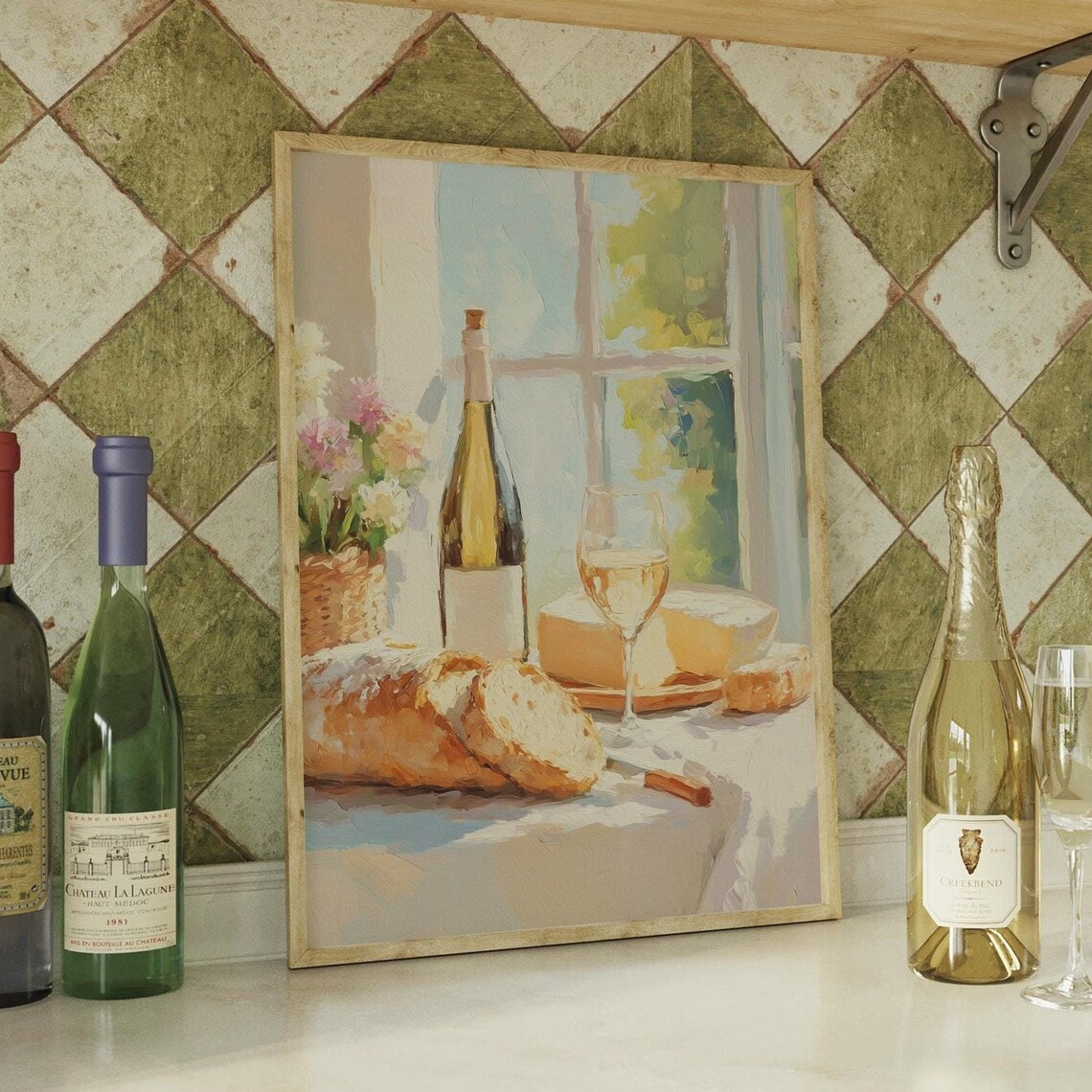 French Wine Bread Cheese Still Life Window Oil Painting Kitchen Art Poster
