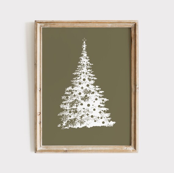 Retro White Christmas Tree Silhouette Olive Green Holiday Poster