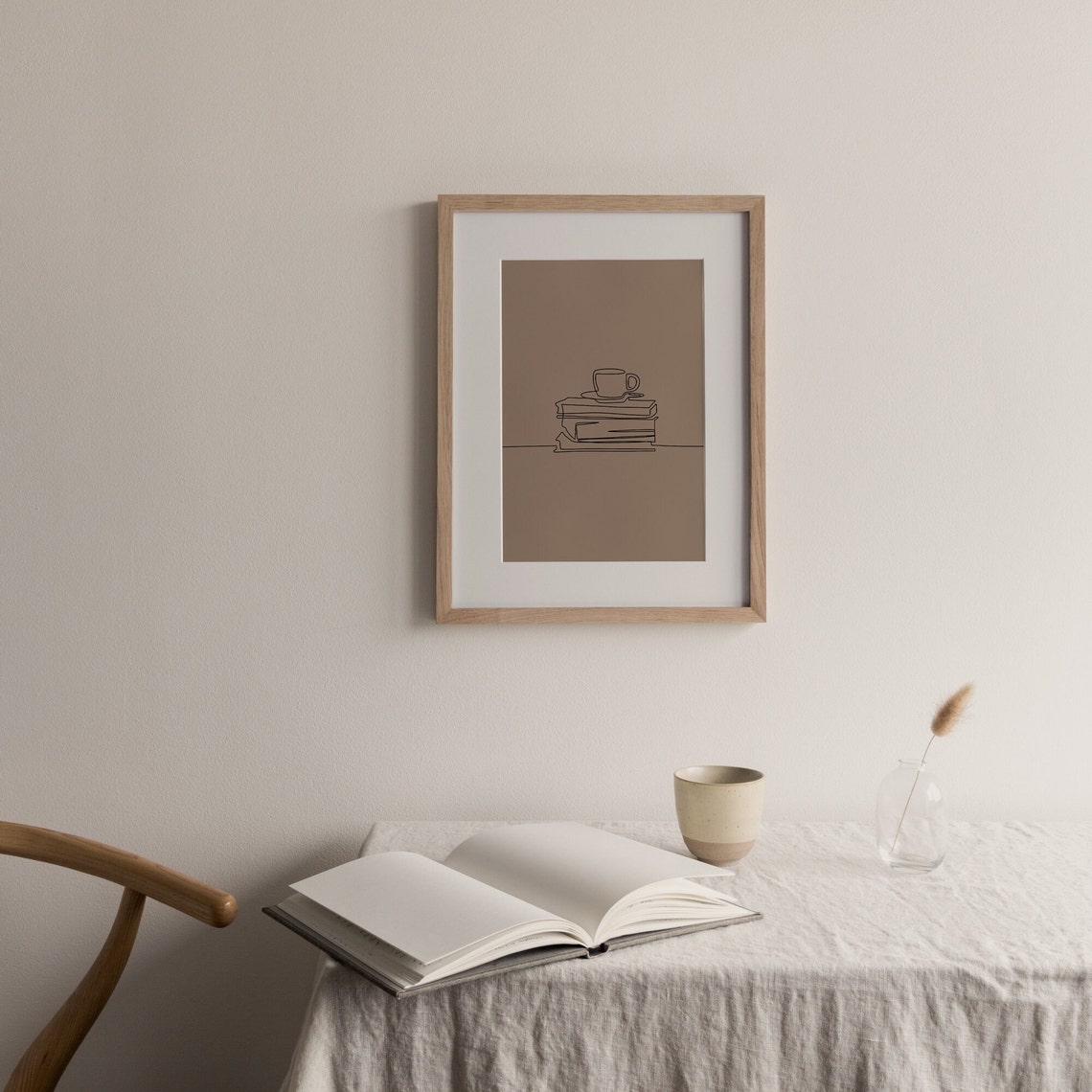 Coffee Cup Resting On Stacked Books Minimalist Fine Line Art Poster - Image 3