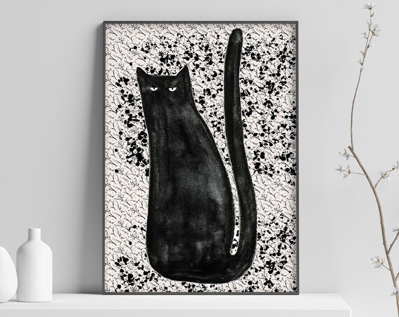 Minimalist Black Cat Watercolor Funny Feline Speckled Art Poster