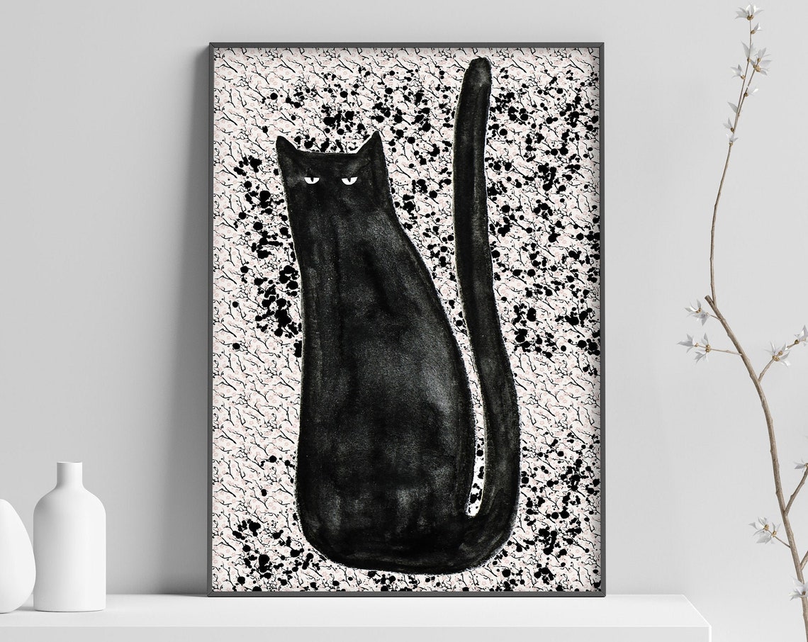 Minimalist Black Cat Watercolor Funny Feline Speckled Art Poster