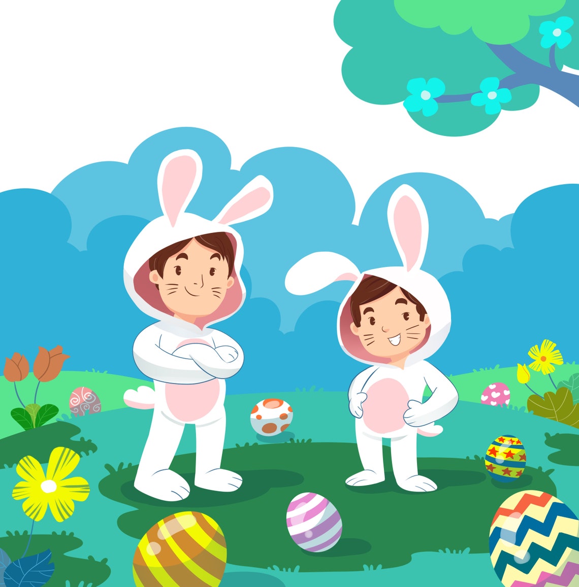 Two Happy Kids in Bunny Costumes with Colorful Easter Eggs Poster