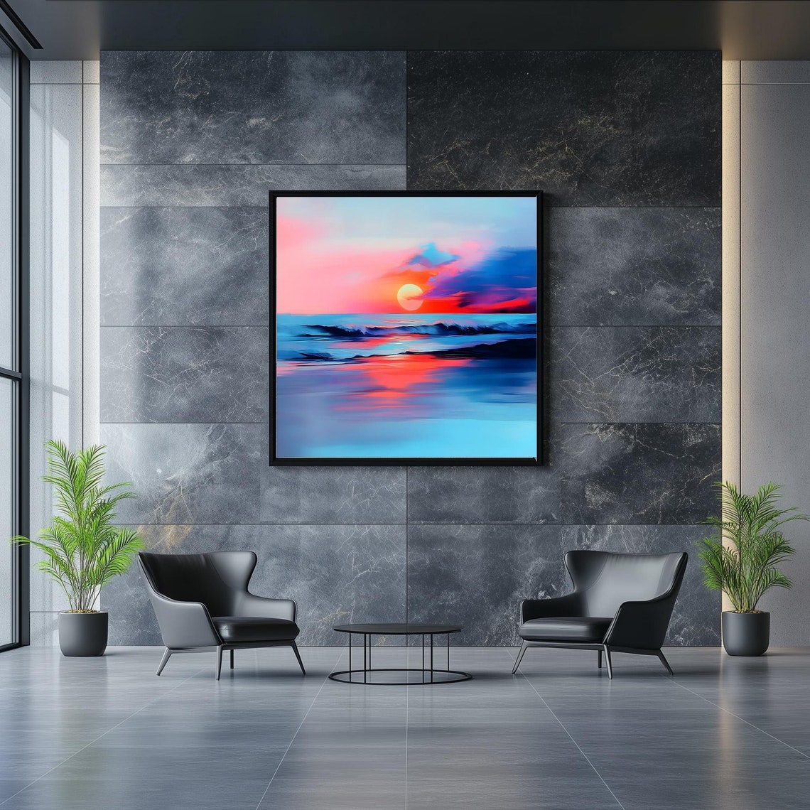 Vibrant Pink Orange Sunset Over Ocean Waves Modern Coastal Wall Art