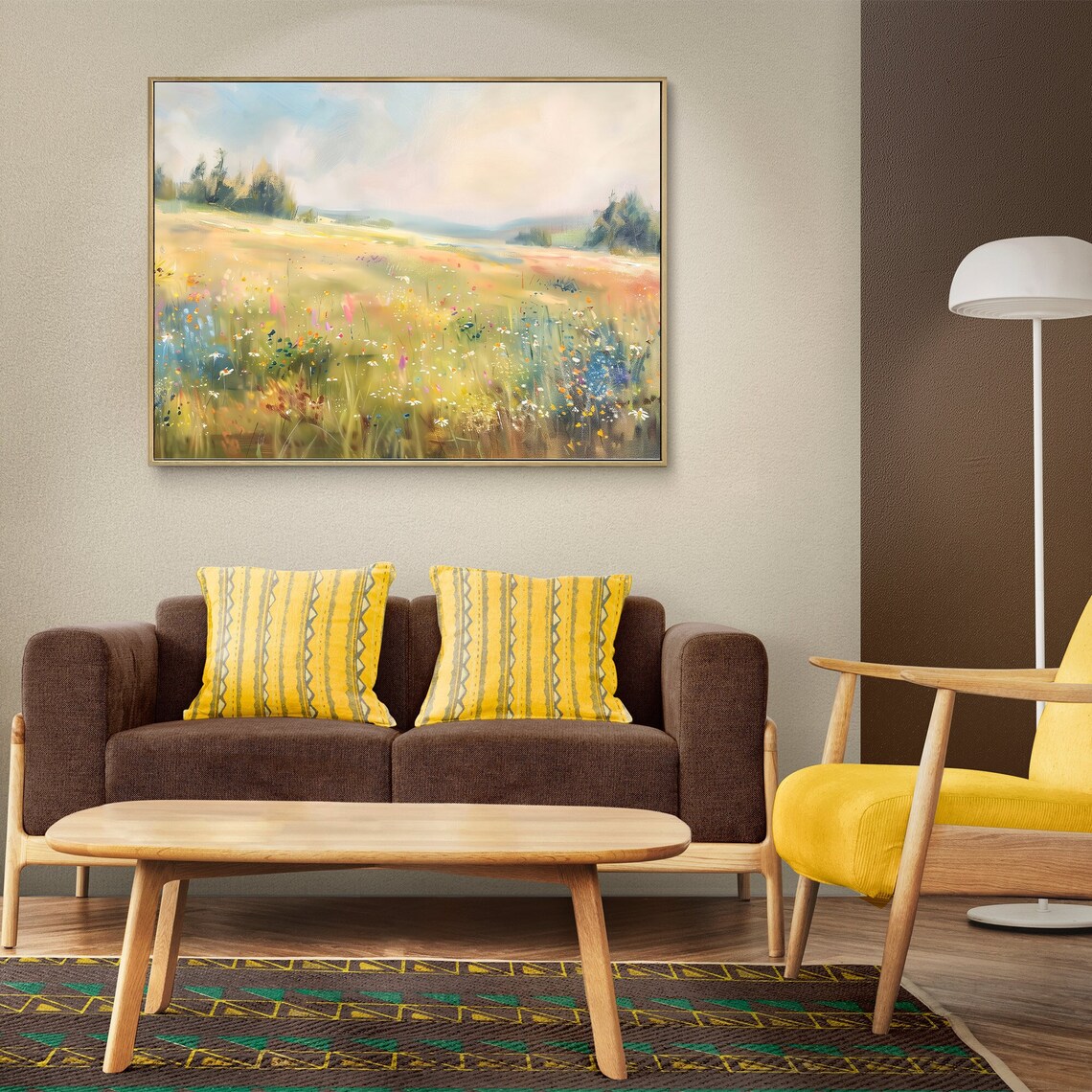 Spring Field Landscape Painting, Wildflower Decor