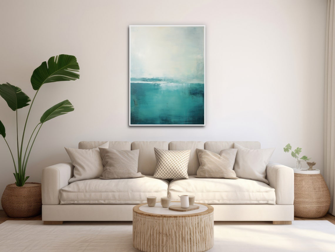 Minimalist Teal Gray Seascape Abstract Ocean Horizon Wall Art - Image 3