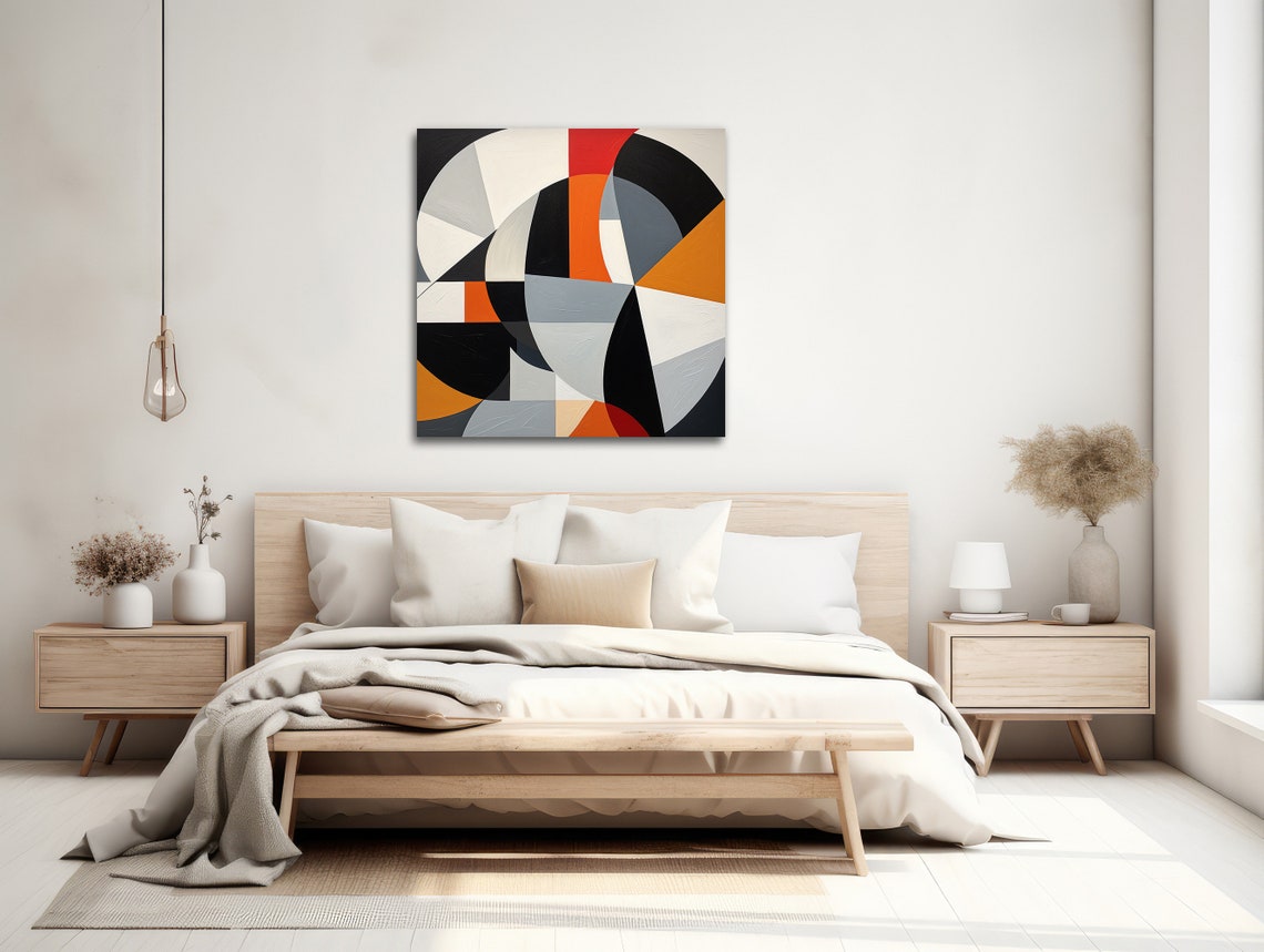 Black White Orange Geometric Abstract Modern Bauhaus Wall Art - Image 2