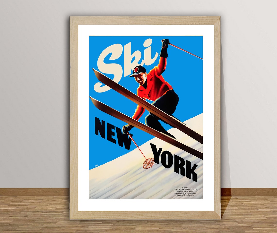 Ski New York Vintage State Tourism Ski Jumping Travel Poster