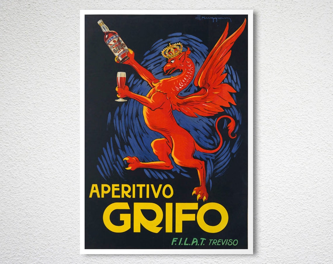 Aperitivo Grifo Treviso Crowned Red Griffin Bottle Vintage Poster - Image 2