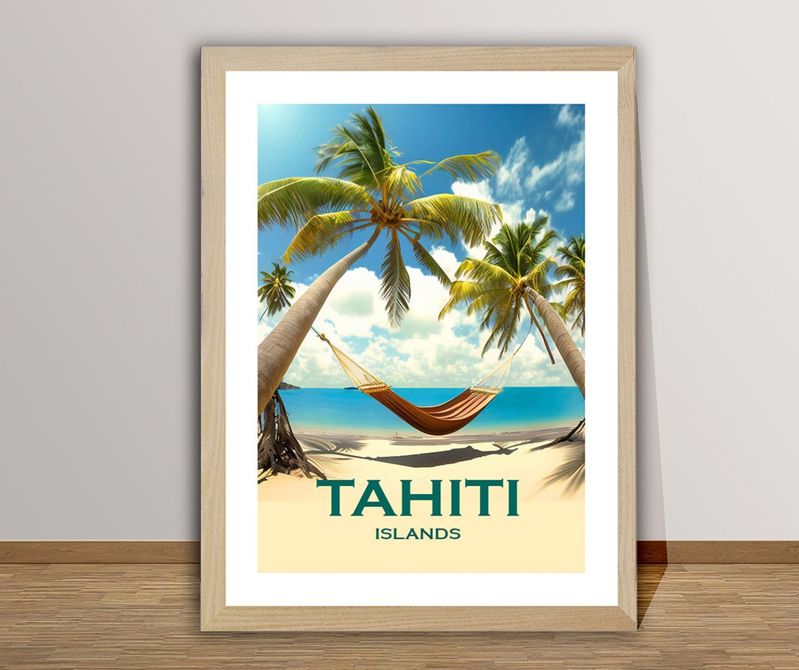 Tahiti Islands Palm Trees Hammock Beach Vintage Travel Poster