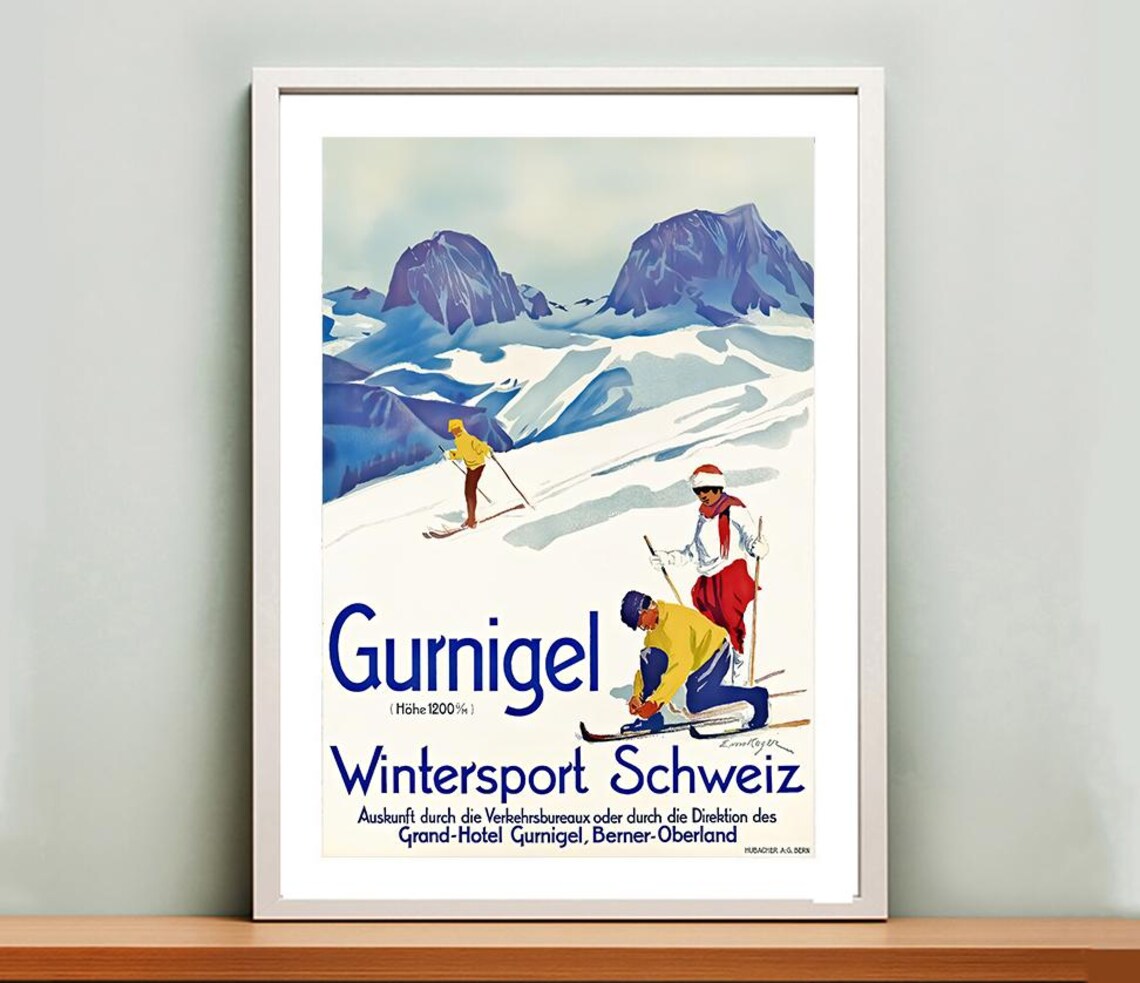 Gurnigel Wintersport Schweiz Vintage Swiss Ski Resort Travel Poster