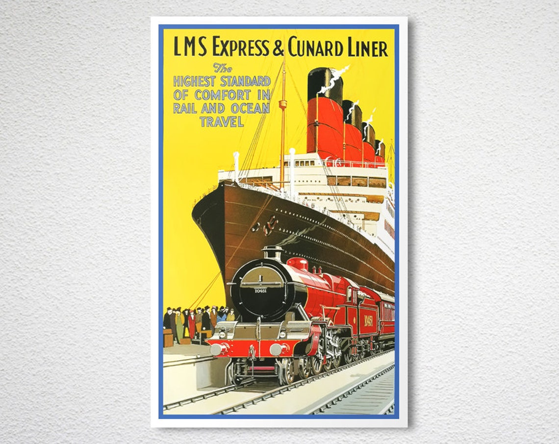 LMS Express and Cunard Liner Vintage Steam Train Ocean Travel Poster - Image 2