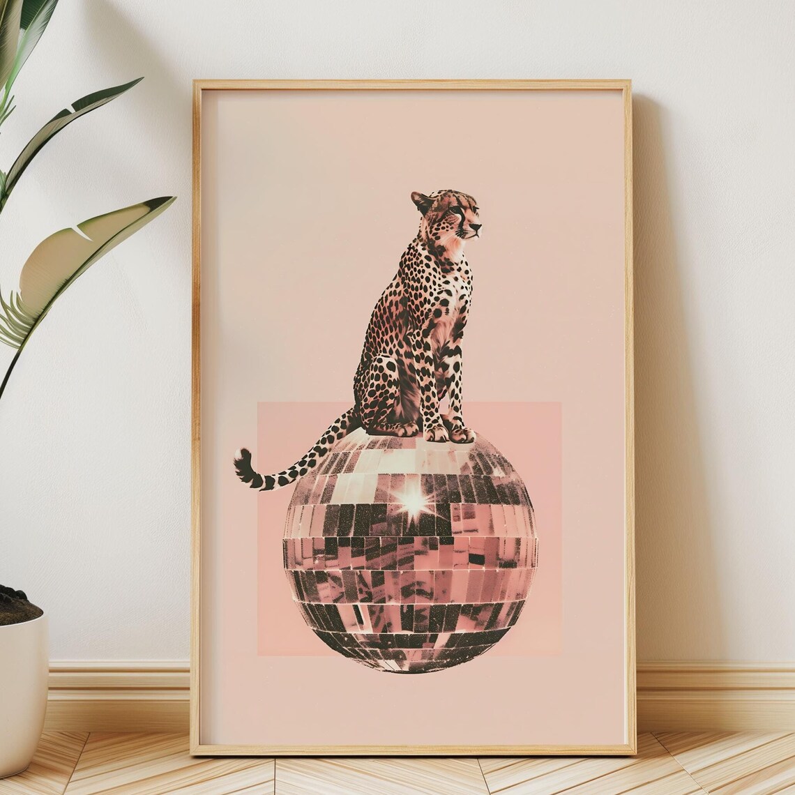 Cheetah Sitting on Disco Ball Blush Pink Funky Retro Glam Poster